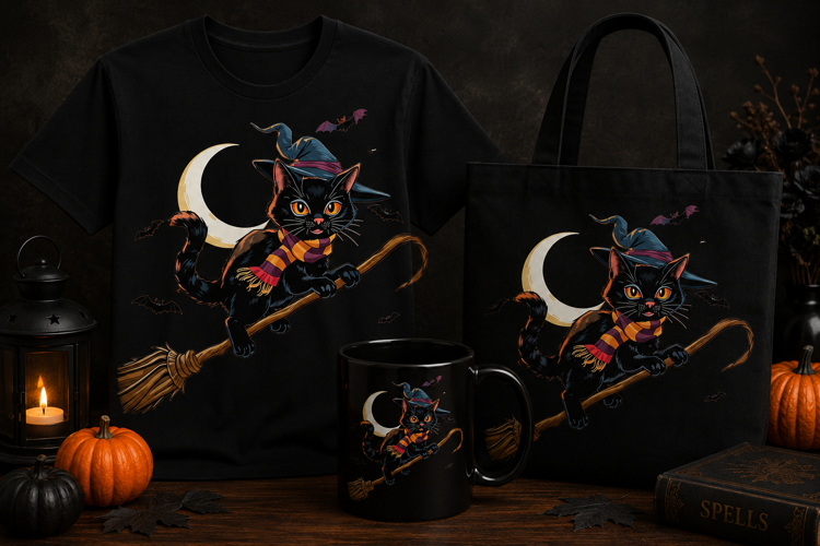 Halloween Witch Cat PNG | Black Cat on Broomstick Clipart