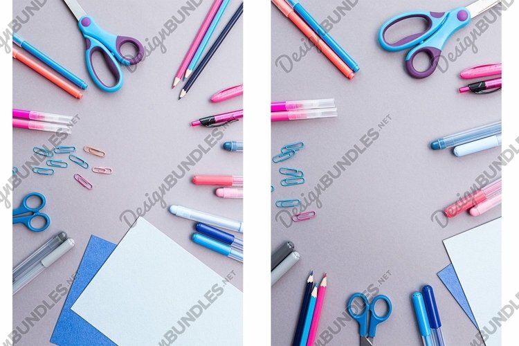 Flat lay with various stationery in pink and blue colors example image 1