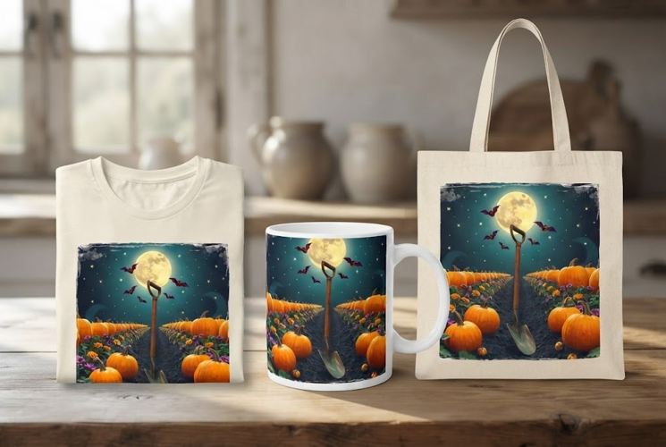 Halloween Pumpkin Field PNG | Moonlit Shovel & Bats Scene
