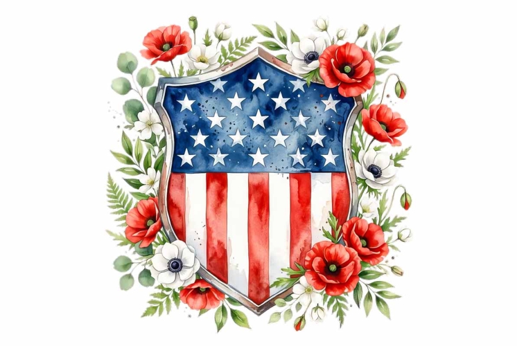 Watercolor American shield Memorial Day Patriotic Clipart