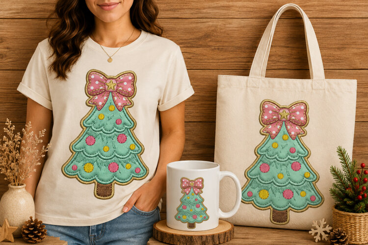 Pastel Christmas Tree Embroidery Polka Dot Bow Design example image 1