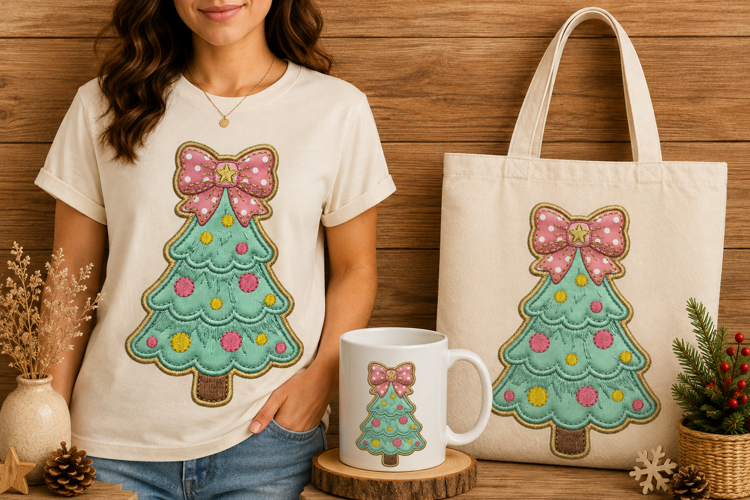 Pastel Christmas Tree Embroidery Polka Dot Bow Design