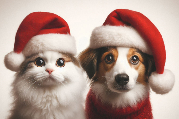 Cat and dog wearing Santa hats, cute and festive holiday