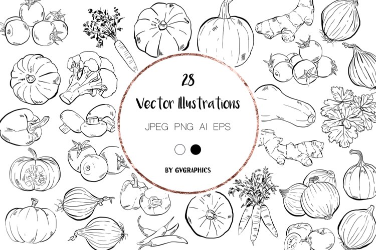 28 Hand drawn Vegetables Illustrations in black and white example image 1