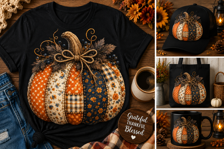 Patchwork Pumpkin PNG | Cozy Fall Fabric Pumpkin Sublimation