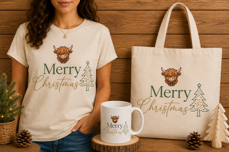 Highland Cow Merry Christmas Minimalist Tree Art Print