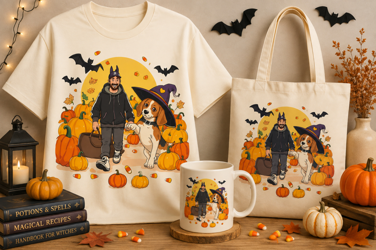 Halloween Man & Dog PNG | Witch Beagle Pumpkin Patch