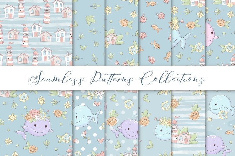 Set of seamless patterns Cute Whales example image 1