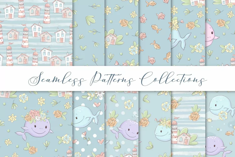 Set of seamless patterns Cute Whales