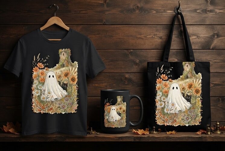 Vintage Watercolor Ghost and Castle Fall Design example image 1