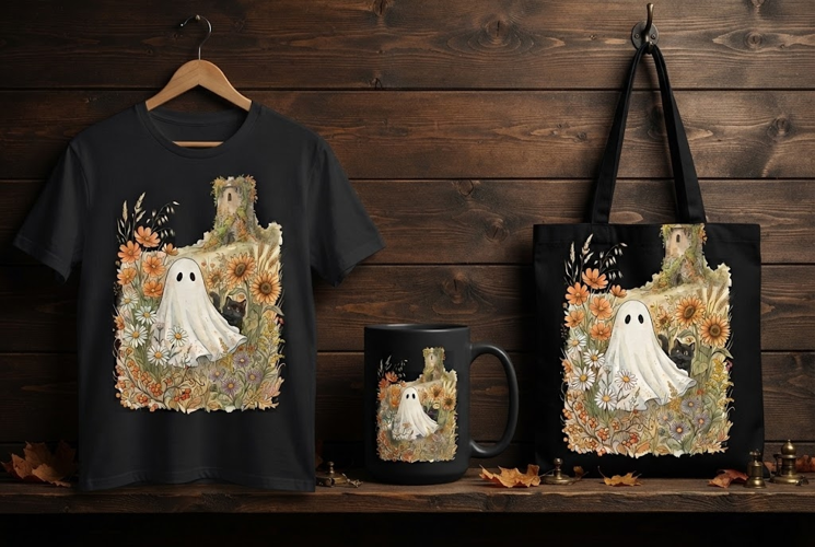 Vintage Watercolor Ghost and Castle Fall Design
