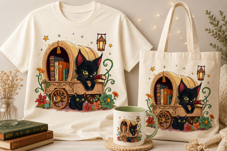 Black Cat Halloween PNG | Magical Book Cart & Floral Clipart