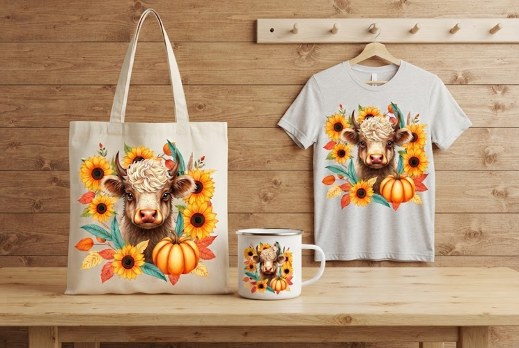 Fluffy Baby Highland Cow Sunflower Autumn Art