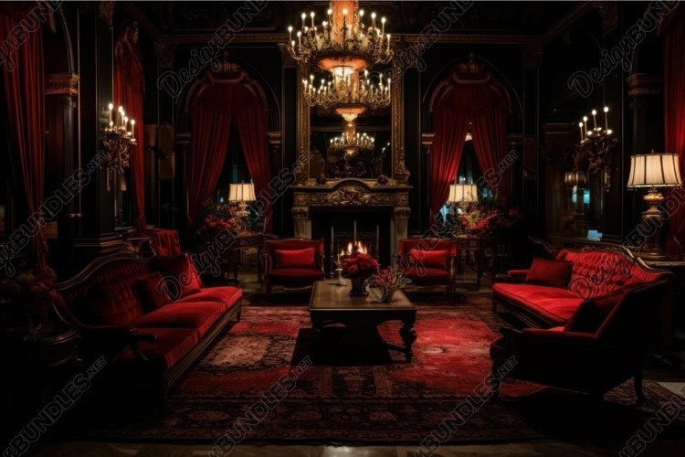 Luxurious vintage living room interior with red velvet sofas example image 1