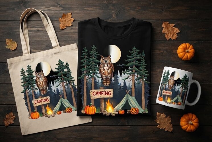 Spooky Camping Owl Halloween Design with Tent and Fire example image 1
