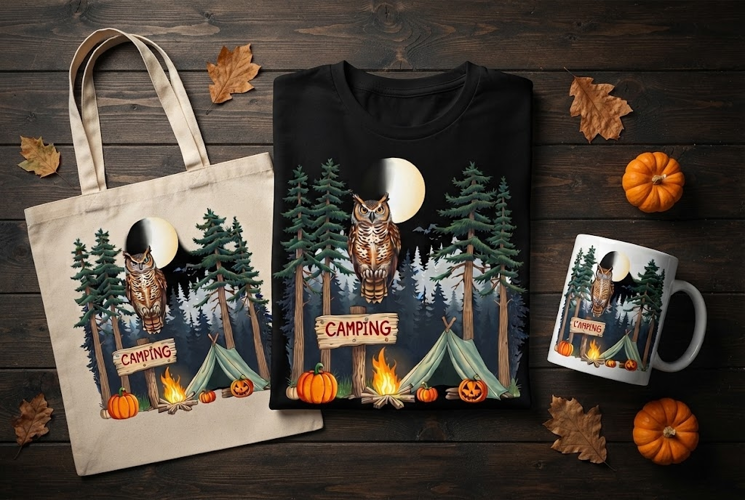 Spooky Camping Owl Halloween Design with Tent and Fire