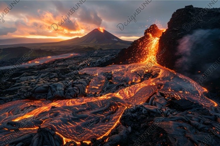 Volcano erupting with molten lava flowing at sunset example image 1