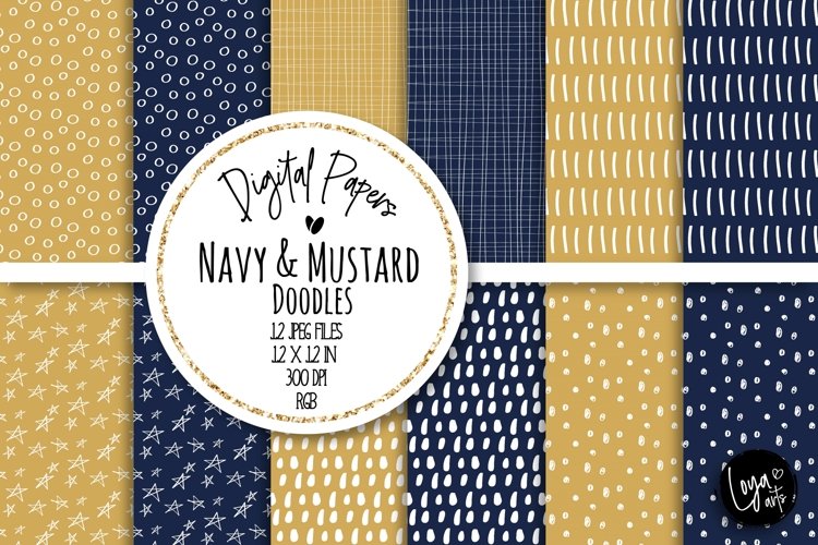 Navy and Mustard Doodles Digital Paper Set example image 1