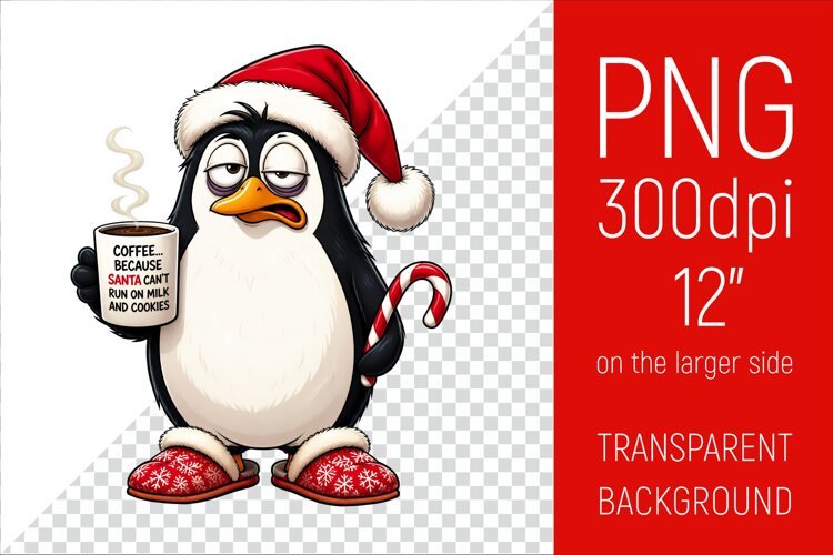Funny Morning Coffee White Penguin in Santa Hat example image 1