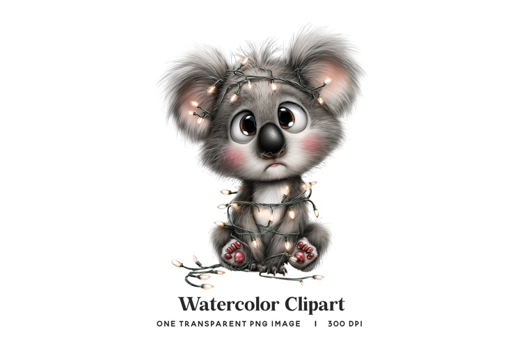 Sitting Christmas Koala Wrapped in Lights PNG