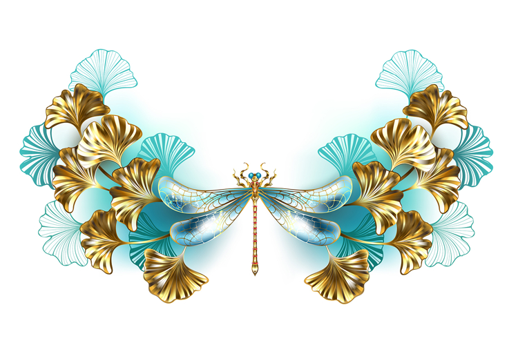 Symmetrical frame with dragonfly and ginkgo