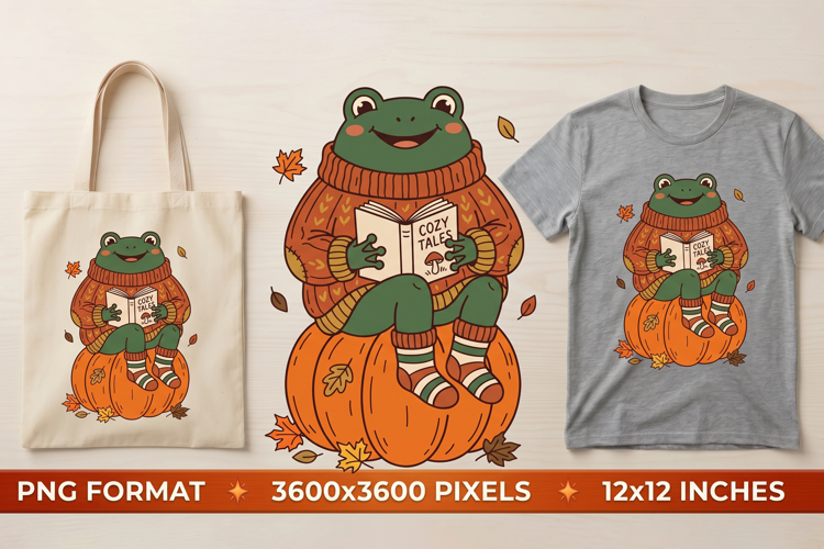 Cozy Fall Frog Reading on Pumpkin PNG - Autumn Cottagecore