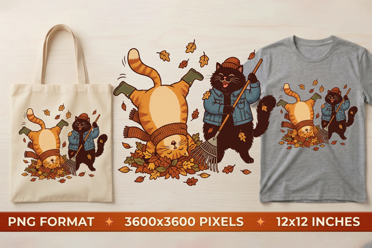 Autumn Cats Sublimation PNG - Cute Cats Jumping in Leaves