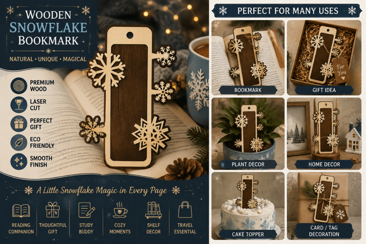 Snowflake Wood Laser Cut SVG File snowflake wood bookmark,