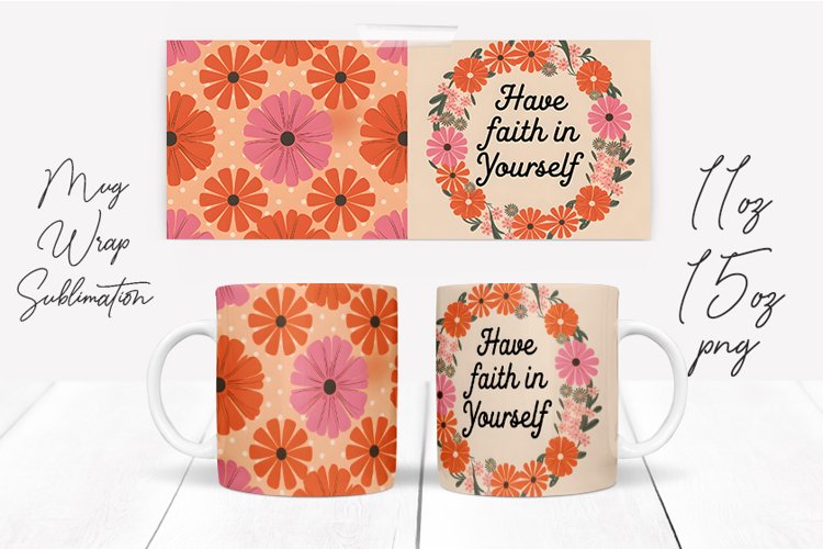 Watercolor Floral Happening Saying Quote Mug Wrap Design example image 1