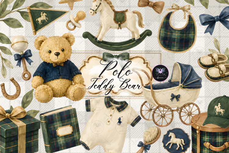 Polo Teddy Bear Baby Boy Watercolor Clipart