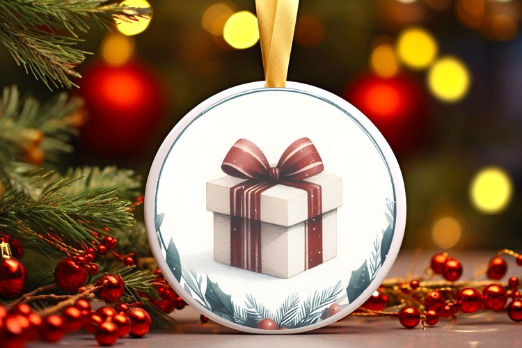 Watercolor Christmas Gift Round Ornament PNG example image 1