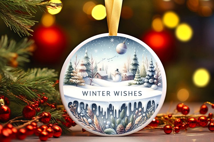 Winter Wishes Round Christmas Ornament Sublimation PNG