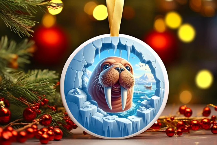 Walrus in Melting Ice Wall Round Ornament Sublimation PNG
