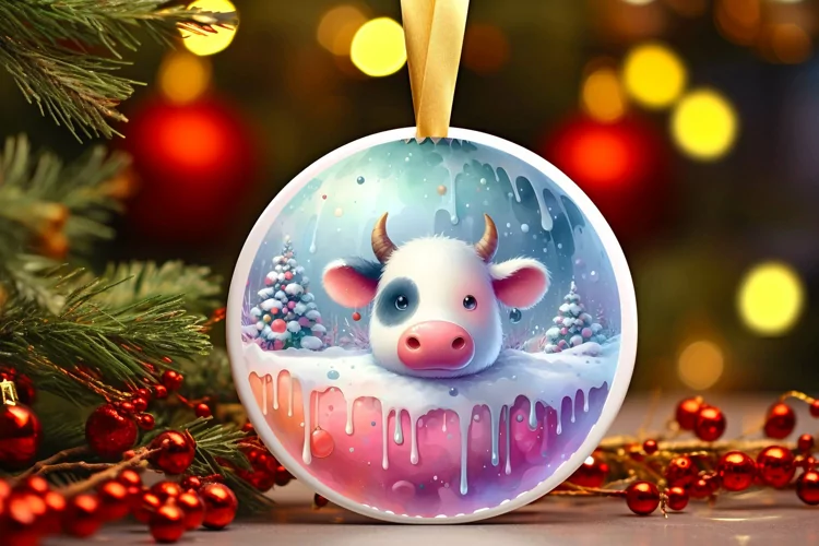 Round Christmas Image with Winter Scene Cow