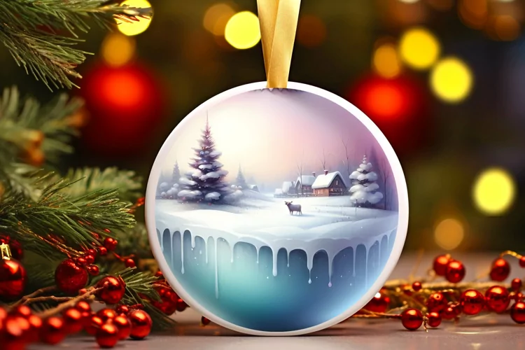 Round Christmas Image with Winter Scene Cow