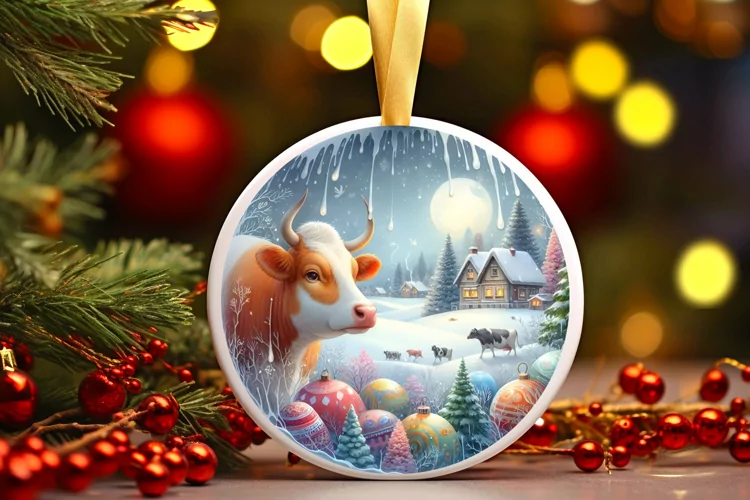 Round Christmas Image with Winter Scene Cow