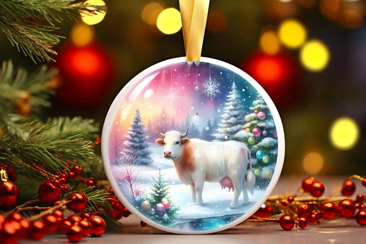 Round Christmas Image with Winter Scene Cow