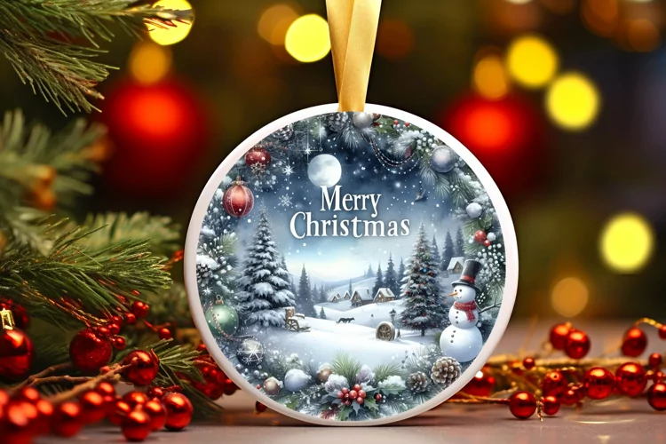 Winter Scene with Merry Christmas Round Ornament Sublimation