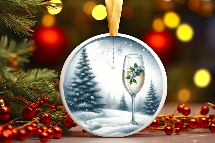 Winter Scene with Champaigne Round Ornament Sublimation PNG