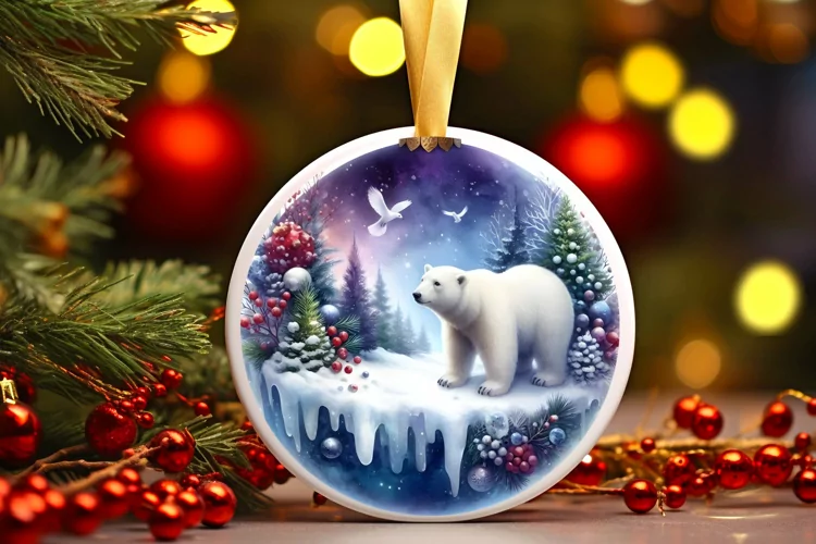 Colorful Winter Polar Bear Round Ornament
