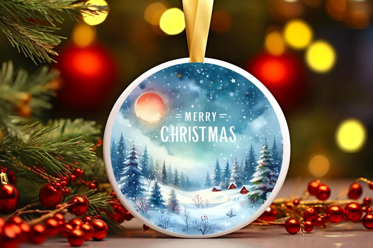 Winter Scene with Merry Christmas Round Ornament Sublimation