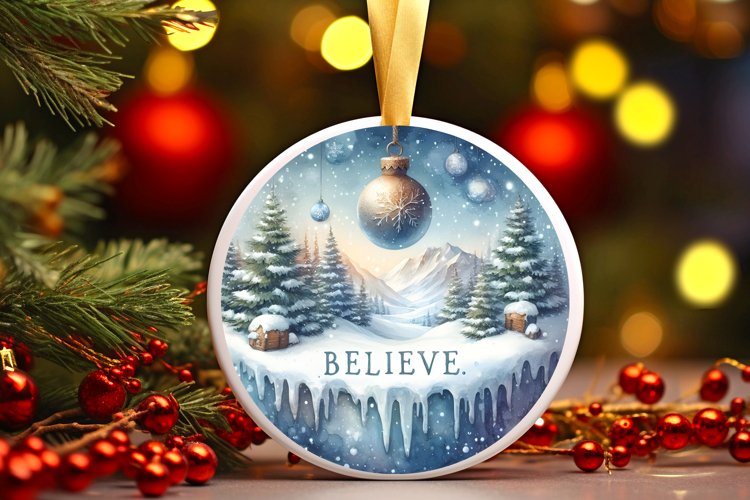 Watercolor Round Christmas Image with Winter Scene and example image 1