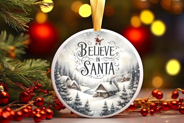 Winter Scene Believe in Santa Round Ornament Sublimation PNG