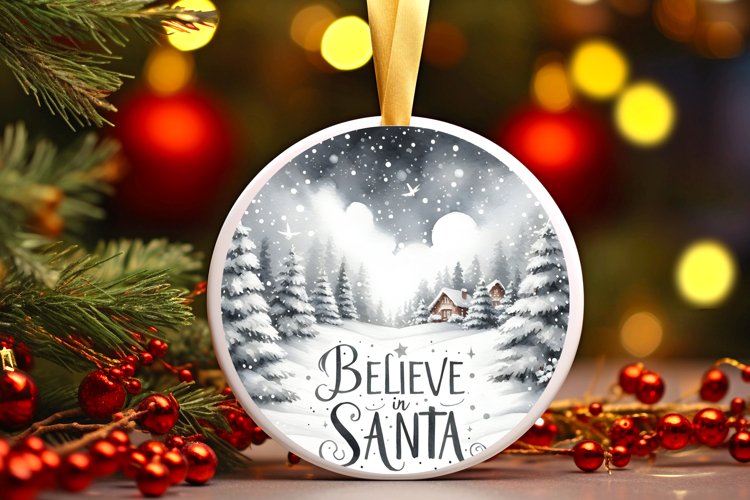 Winter Scene with Santa Round Christmas Ornament Sublimation