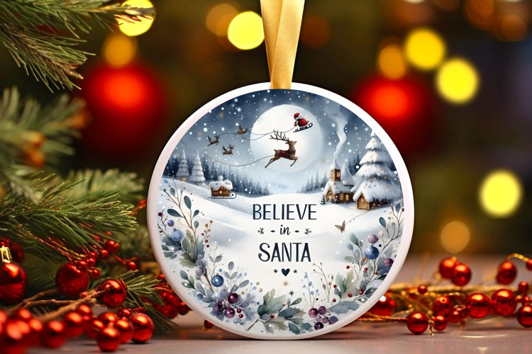 Watercolor Winter Scene with Large Text: Believe in Santa