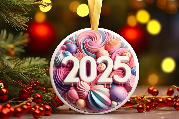 Pastel 3D Martzipan Large Text: 2025 Round Ornament