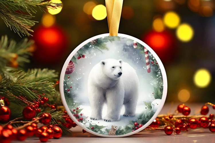 Watercolor Polar Bear Round Christmas Ornament Sublimation