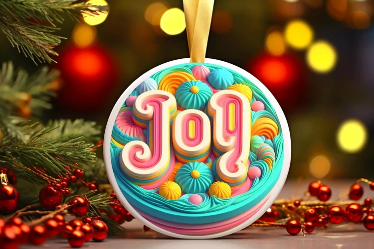 Pastel 3D Large Text: JOY Round Ornament