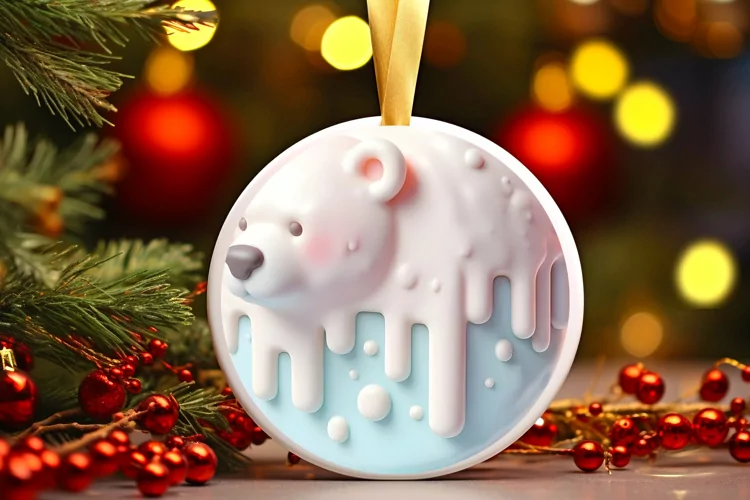 3D Polar Bear Winter Round Ornament Sublimation PNG