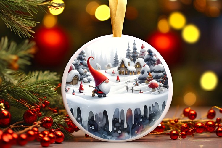 Melting Winter Scene with Gnome Round Ornament Sublimation example image 1